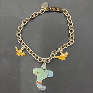 Walt Disney Productions Aladdin Charm Bracelet With Genie And 2 Lamps Gold Tone